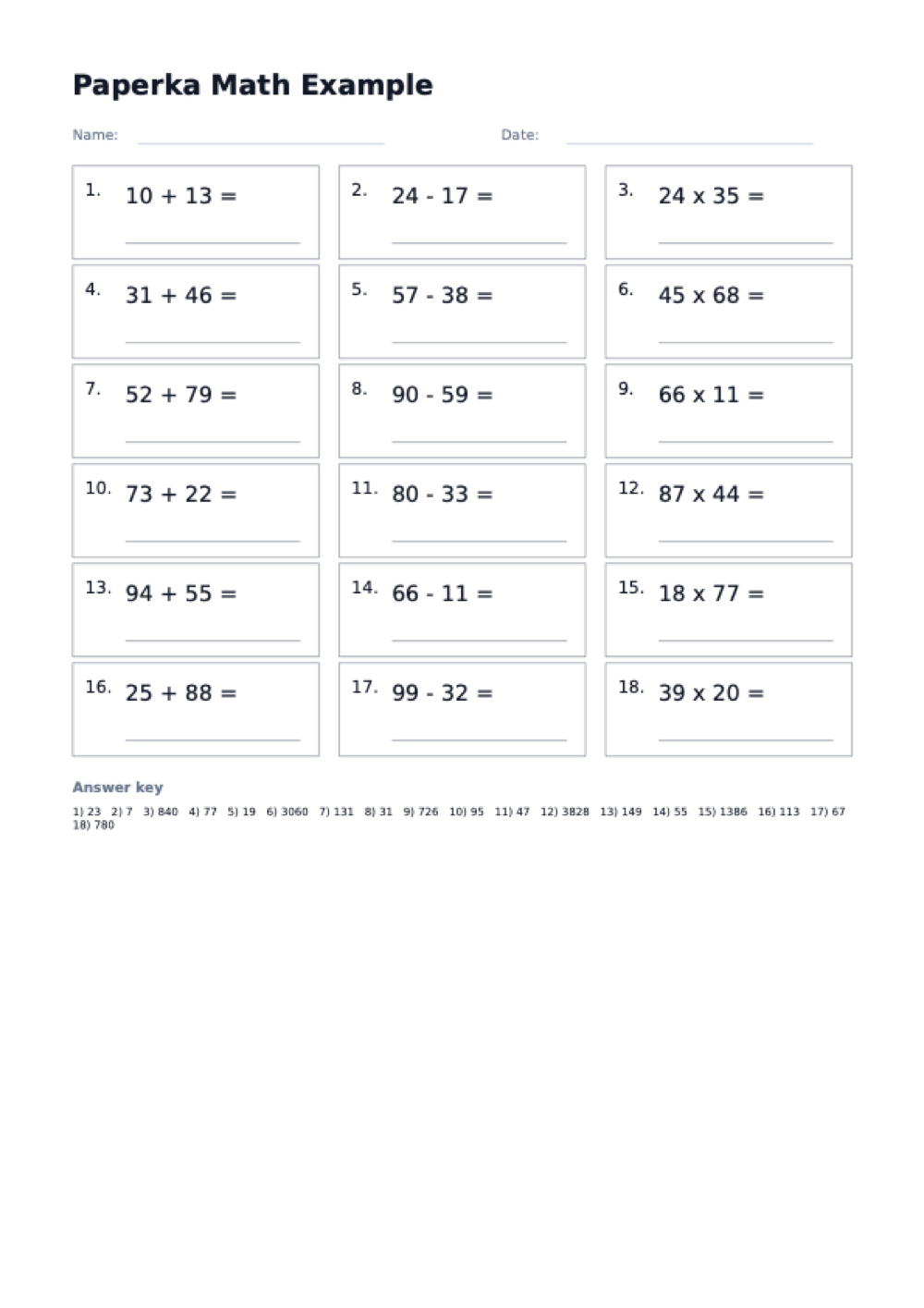 Printable A4 mixed arithmetic worksheet with numbered problems arranged in columns