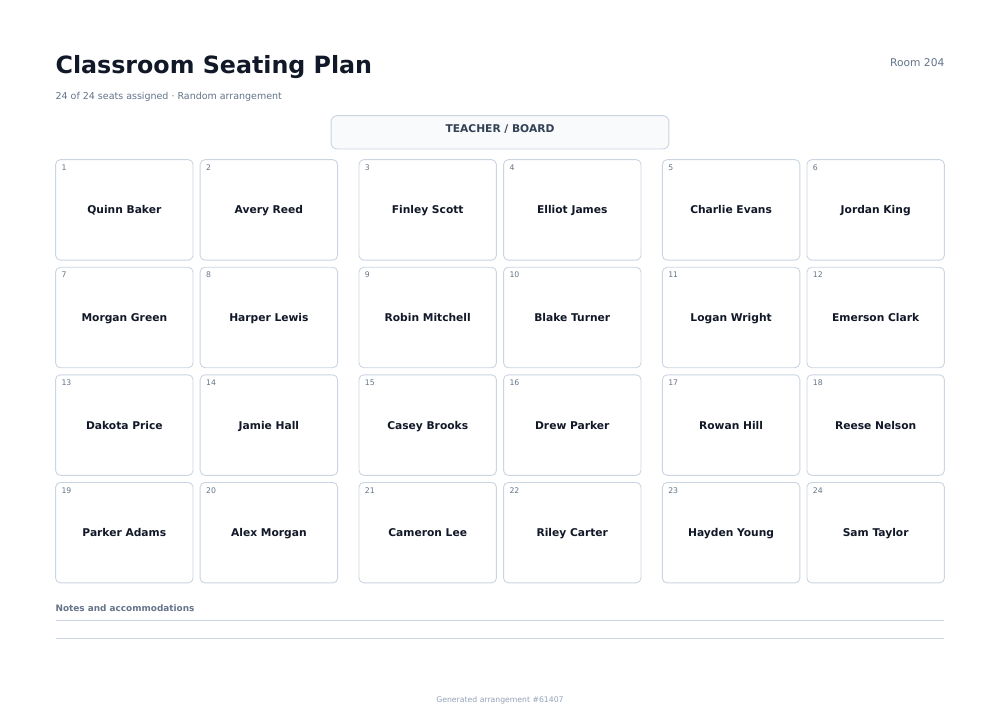 Landscape A4 classroom seating plan with 24 numbered desks arranged in four rows of paired seats