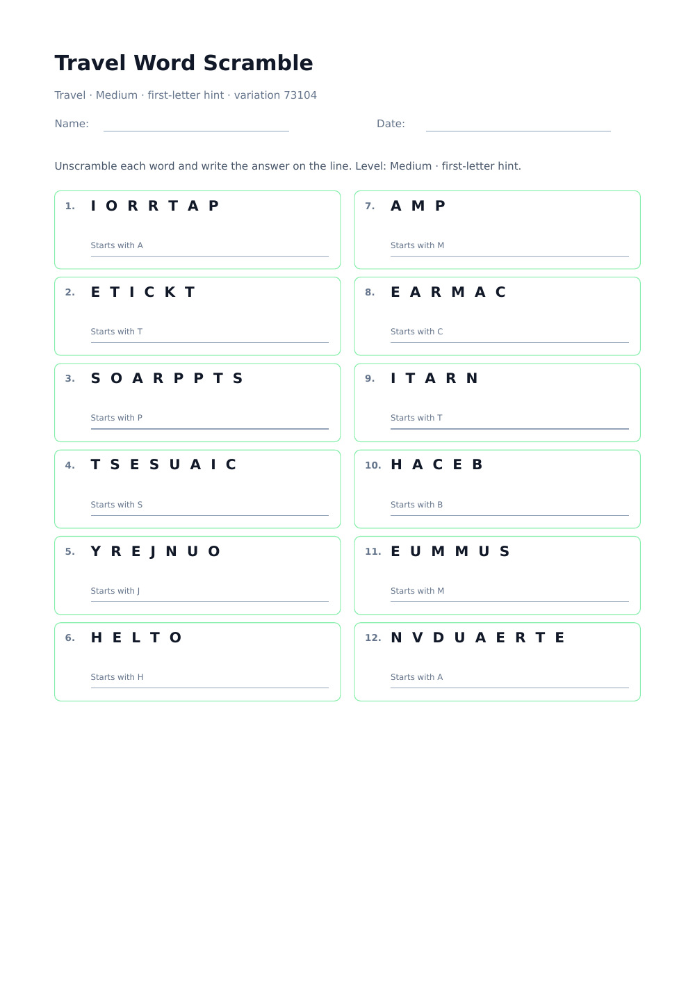 A4 travel word scramble worksheet with 12 numbered anagrams, first-letter hints, and answer lines