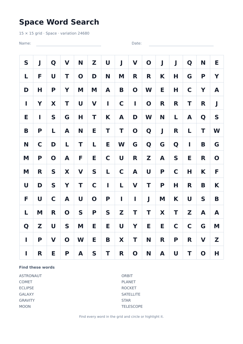 A4 Space word search with a 15 by 15 letter grid, name and date lines, and a 12-word bank